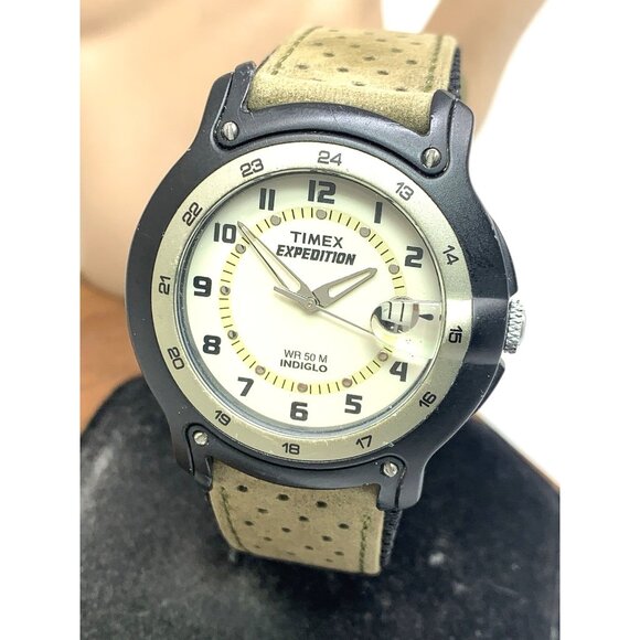 Timex Men's Watch Expedition Quartz Indiglo Beige Dial Leather Nylon Strap 39mm - Picture 1 of 14